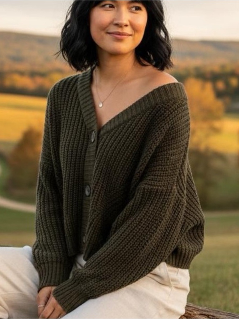 Oversized Chunky Knit Cropped Cardigan Sweater Olive Green